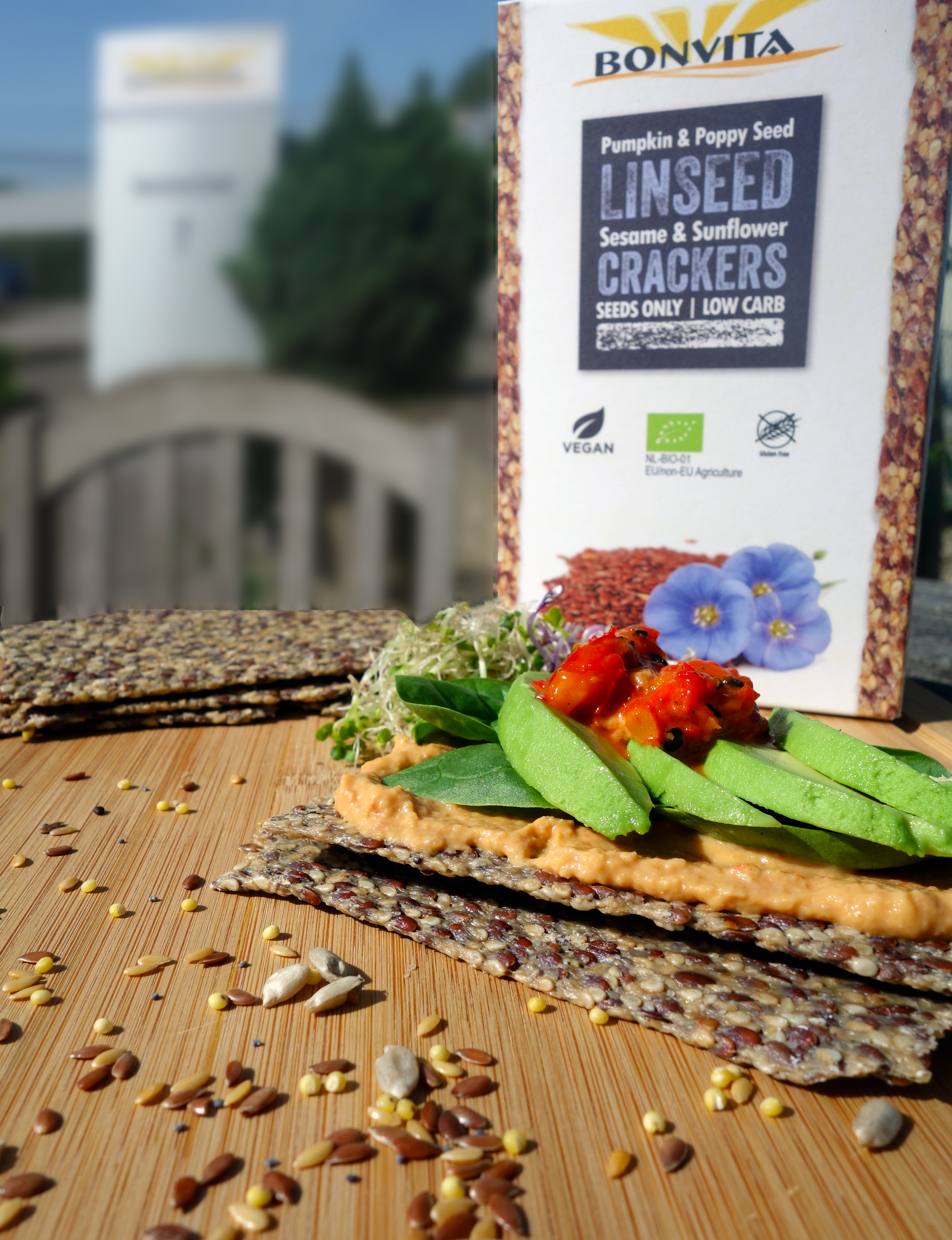 Linseed crackers with grilled vegetable spread and avocado 