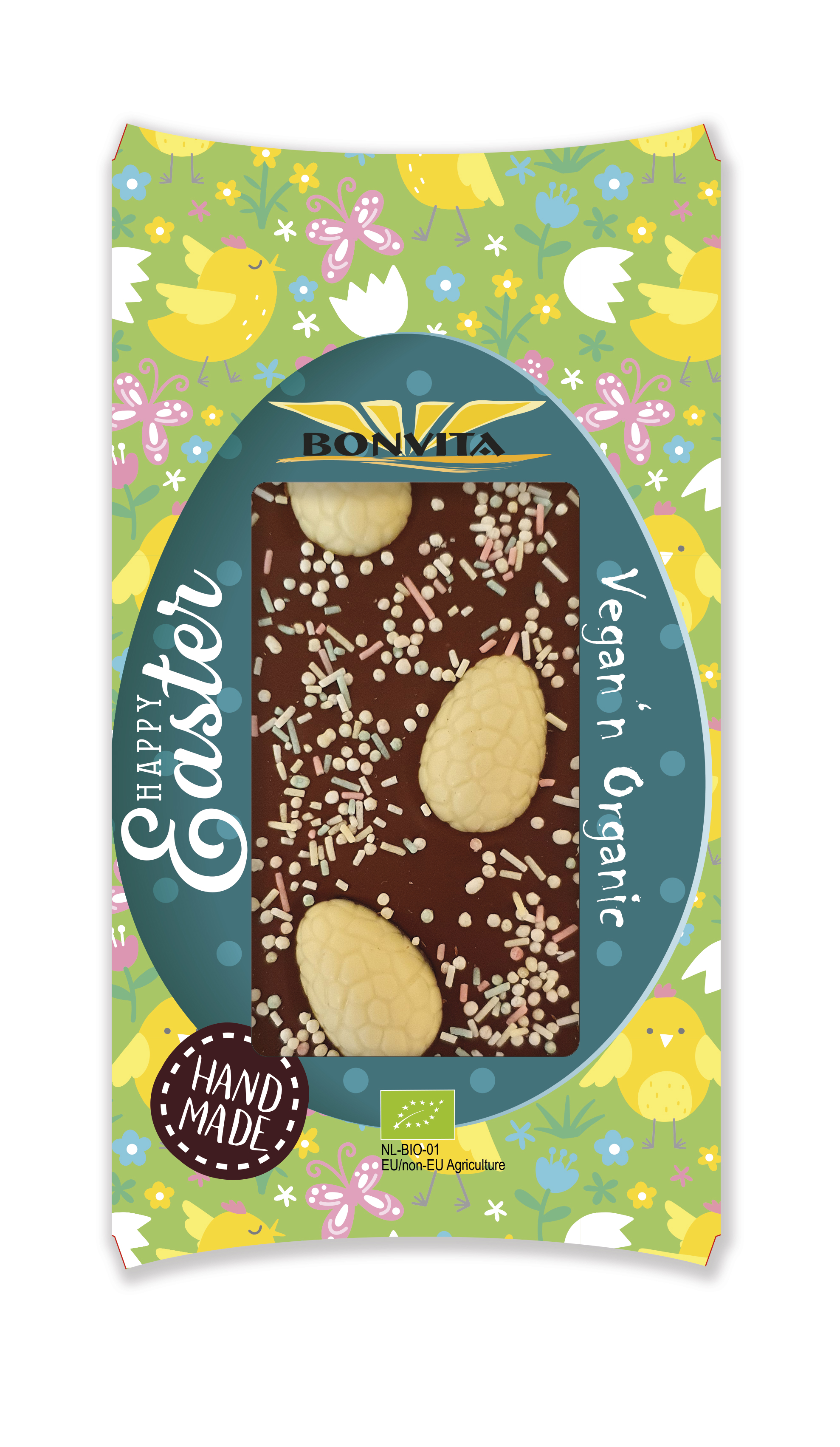 Rice choc bar, white eggs, colored sprinkles